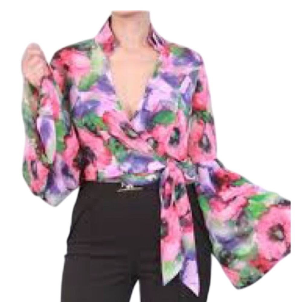 Mango Floral Wrap Blouse in Pink, Green and Purple